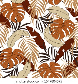 Trend seamless tropical pattern with bright orange and beige plants and leaves on white background. Beautiful exotic plants.  Seamless exotic pattern with tropical plants.