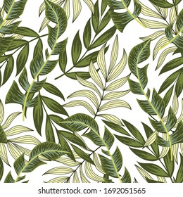 Tendencia tropical sin fisuras con plantas brillantes y hojas sobre un fondo blanco. Patrón inoxidable con hojas y plantas coloridas. 
 Papel pintado exótico.