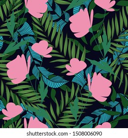 Trend seamless tropical pattern with plants and leaves in bright pink on black background. Tropic leaves in bright colors. Modern abstract design for fabric, paper.