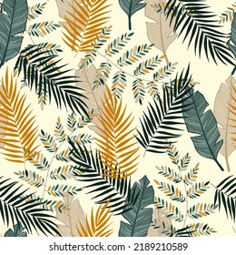 Trend seamless tropical pattern with yellow and green plants and leaves on a light background. Seamless pattern with colorful leaves and plants. Exotic jungle wallpaper.