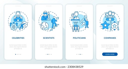 Trend setters blue onboarding mobile app screen. Public relation walkthrough 4 steps editable graphic instructions with linear concepts. UI, UX, GUI template. Myriad Pro-Bold, Regular fonts used