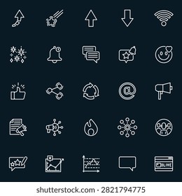 Trend signals social buzz line outline icon vector pack with increase arrow, wifi signal, bell, share, megaphone, line graph and live streaming symbols for apps.