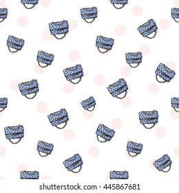 Trend soft colored glamour seamless pattern with fashion accessories: fashionable clutch. Colorful vector background in tender fashion style. Backdrop for flyer or greeting card
