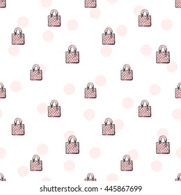 Trend soft colored glamour seamless pattern with fashion accessories: leather handbag. Colorful vector background in tender fashion style. Backdrop for flyer or greeting card