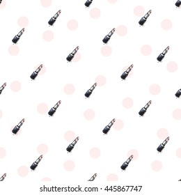 Trend soft colored glamour seamless pattern with fashion accessories: rose quartz lipstick. Colorful vector background in tender fashion style. Backdrop for flyer or greeting card