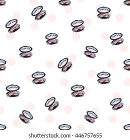 Trend soft colored glamour seamless pattern with fashion accessories: makeup powder. Colorful vector background in tender fashion style. Backdrop for flyer or greeting card