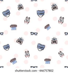 Trend soft colored glamour seamless pattern with fashion accessories: flat shoes, fashionable clutch, french perfume, vintage glasses, flowers bag. Colorful vector background in tender fashion style.