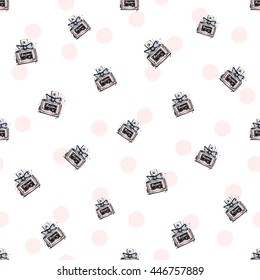 Trend soft colored glamour seamless pattern with fashion accessories: french perfume. Colorful vector background in tender fashion style. Backdrop for flyer or greeting card