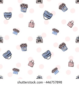 Trend soft colored glamour seamless pattern with fashion accessories: french perfume, leather handbag, flowers bag, fashionable clutch. Colorful vector background in tender fashion style.