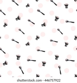 Tendência de cor suave glamour padrão sem costura com acessórios de moda: escova de blush e pincel de maquiagem. Fundo de vetor colorido em estilo de moda suave. Fundo para folheto ou cartão de mensagem