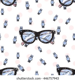Trend soft colored glamour seamless pattern with fashion accessories: wrist watch and vintage glasses. Colorful vector background in tender fashion style. Backdrop for flyer or greeting card