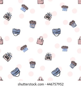 Trend soft colored glamour seamless pattern with fashion accessories: french perfume, leather handbag, fashionable clutch, flower box. Colorful vector background in tender fashion style.