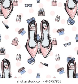 Trend soft colored glamour seamless pattern with fashion accessories: flat shoes, fashionable clutch, leather handbag, lipstick, wrist watch, french perfume, vintage glasses, flowers bag.