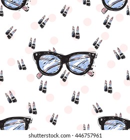 Trend soft colored glamour seamless pattern with fashion accessories: couple lipstick and vintage glasses. Colorful vector background in tender fashion style. Backdrop for flyer or greeting card