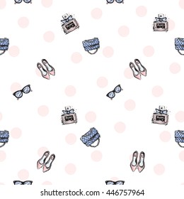 Trend soft colored glamour seamless pattern with fashion accessories: flat shoes, fashionable clutch, french perfume, vintage glasses. Colorful vector background in tender fashion style.