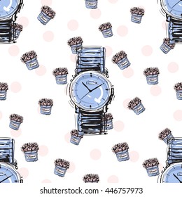 Trend soft colored glamour seamless pattern with fashion accessories: wrist watch and flower box. Colorful vector background in tender fashion style. Backdrop for flyer or greeting card