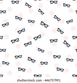 Trend soft colored glamour seamless pattern with fashion accessories: vintage glasses. Colorful vector background in tender fashion style. Backdrop for flyer or greeting card
