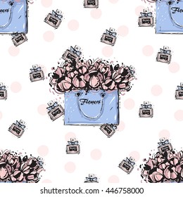 Trend soft colored glamour seamless pattern with fashion accessories: french perfume and flowers bag. Colorful vector background in tender fashion style. Backdrop for flyer or greeting card