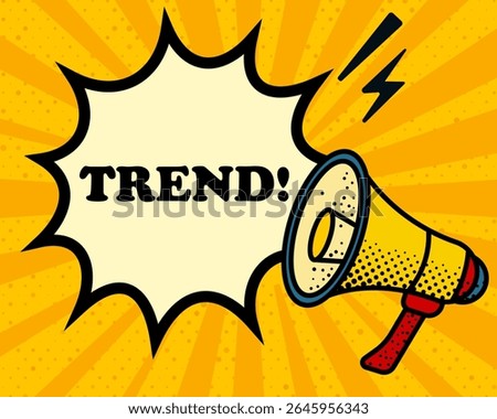 Trend speech bubble. Megaphone, lightning, speech burst, sound lines, pop art style, loudspeaker, public speaking, yellow background, expression, voice, alert, broadcast