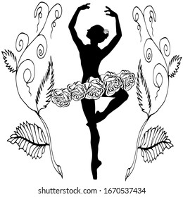 Trend Stock Vector Illustration. Logo ballet school. Silhouette of a ballerina in a tutu with roses with a raised leg for an avatar for social networks on a white background