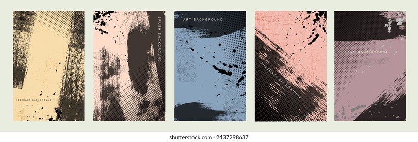 Trend style posters with halftone texture, typography set. Colored distorted grunge layers. Design for brochure, banner, social media, posters, template. Overlay texture with effect damaged, dry brush