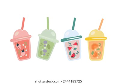 Trend summer drinks illustration in flat style on a white background. Summer cold lemonades with fruits, orange, watermelon, strawberry, blueberry
