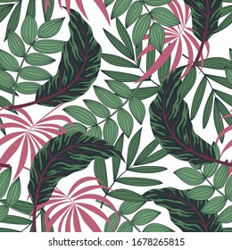 Trend summer seamless pattern with tropical plants on a white background. Trendy summer Hawaii print. Floral pattern. Creative abstract background. Jungle leaves. Exotic wallpaper.