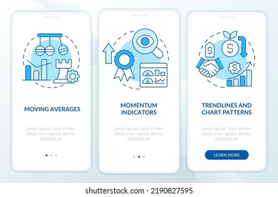 Trend trading strategies blue onboarding mobile app screen. Business walkthrough 3 steps editable graphic instructions with linear concepts. UI, UX, GUI template. Myriad Pro-Bold, Regular fonts used