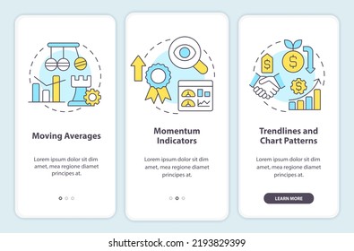 Trend trading strategies onboarding mobile app screen. Business walkthrough 3 steps editable graphic instructions with linear concepts. UI, UX, GUI template. Myriad Pro-Bold, Regular fonts used