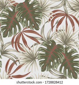 Trend tropical background. Seamless pattern with leaves and plants. Illustration in Hawaiian style. Jungle leaves. Vector background for various surface. Exotic wallpaper.