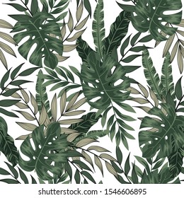 Trend tropical pattern. Seamless background with green leaves and plants. Illustration in Hawaiian style. Jungle leaves. Vector background for various surface. Exotic wallpaper.