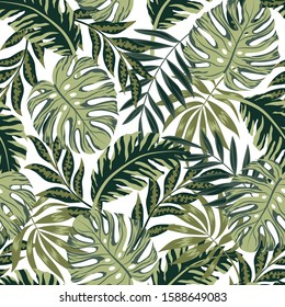 Trend tropical pattern. Seamless background with green leaves and plants. Illustration in Hawaiian style. Jungle leaves. Vector background for various surface. Exotic wallpaper.