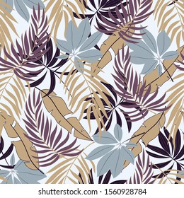 Trend tropical seamless pattern with bright Burgundy and yellow plants and leaves on a white background. Jungle leaf seamless vector floral pattern background. Exotic jungle wallpaper.