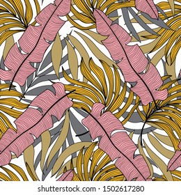 Trend tropical seamless pattern with exotic plants and leaves on a dark background. Beautiful exotic plants. Beautiful exotic plants. Beautiful print. Colorful stylish floral. 
Exotic wallpaper.