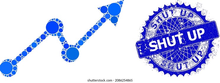 Up trend vector collage of circle dots in various sizes and blue color hues, and textured Shut Up seal. Blue round sharp rosette stamp seal contains Shut Up text inside it.