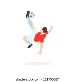 Trend Vector Illustration Of Soccer Football Player Overhead Kick For Goal Scoring.White Background.