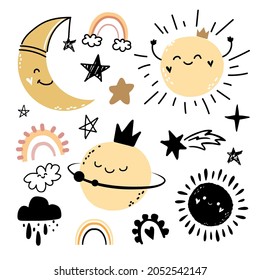 Planetas vectoriales, sol, arco iris, estrellas y nubes. Estilo Doodle. Diseño infantil para ropa, embalaje