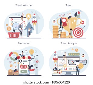 Trend watcher concept set. Specialist in tracking the emergence of new business trends. Trend analysis and project promotion. Vector illustration in flat style