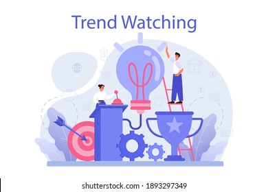 Concepto de observadora de tendencias. Especialista en el seguimiento de la aparición de nuevas tendencias empresariales. Análisis de tendencias y promoción de proyectos. Ilustración vectorial en estilo plano