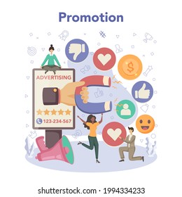 Concepto de observadora de tendencias. Especialista en el seguimiento de la aparición de nuevas tendencias empresariales. Análisis de las tendencias del mercado y promoción de proyectos. Ilustración vectorial plana