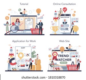 Trend watcher online service or platform set. Specialist tracking new business trends. Online consultation, tutorial, application, website. Vector illustration in flat style