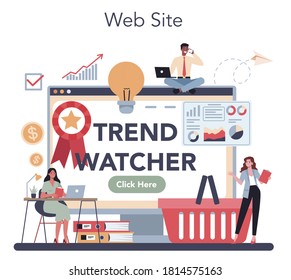 Trend watcher online service or platform. Specialist tracking new business trends. Trend analysis and project promotion. Website. Vector illustration in flat style