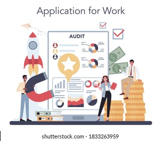 Trend watcher online service or platform. Specialist tracking new business trends. Trend analysis and project promotion. Application. Vector illustration in flat style