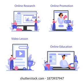 Servicio de seguimiento de tendencias en línea o conjunto de plataformas. Especialista en nuevas tendencias empresariales. Análisis de tendencias y promoción de proyectos. Investigación en línea, educación, promoción, video lección. Ilustración plana del vector