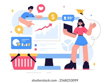 Trend Watcher Vector Illustration featuring a Specialist Monitoring Emerging Business Trends and Managing Projects in a Flat Style Cartoon Background