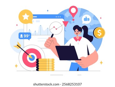 Trend Watcher Vector Illustration featuring a Specialist Monitoring Emerging Business Trends and Managing Projects in a Flat Style Cartoon Background