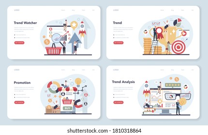 Trend watcher web banner or landing page set. Specialist in tracking the emergence of new business trends. Trend analysis and project promotion. Vector illustration in flat style