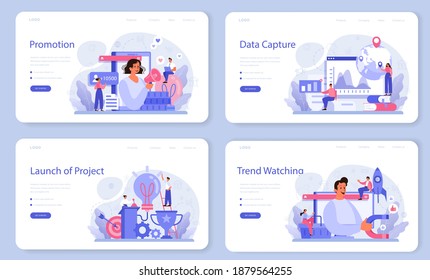 Trend watcher web banner or landing page set. Specialist in tracking the emergence of new business trends. Trend analysis and project promotion. Vector illustration in flat style