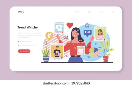 Trend watcher web banner or landing page. Specialist in tracking the emergence of new business trends. Trend analysis and project promotion. Vector illustration in flat style