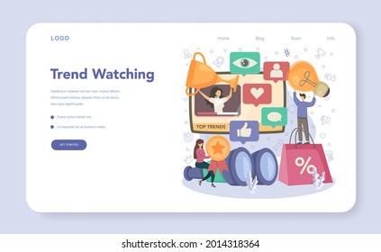 Banner web o página de inicio de Trend Watcher. Especialista en el seguimiento de la aparición de nuevas tendencias empresariales. Análisis de las tendencias del mercado y promoción de proyectos. Ilustración vectorial plana